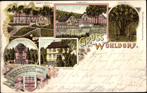 Litho Hamburg Wandsbek Wohldorf, Hotel zur Schleuse, mausoleum, landhuis, wapenschild