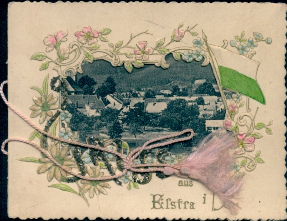 Glitter material passepartout Postcard Elstra in Upper Lusatia Saxony, general view