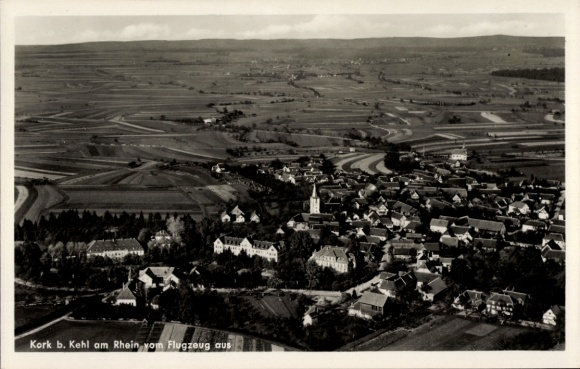Postcard Kork Kehl am Rhein, aerial view of Kork, rural view, flat landscape, houses