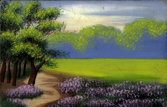 Hand-painted Postcard landscape, forest edge