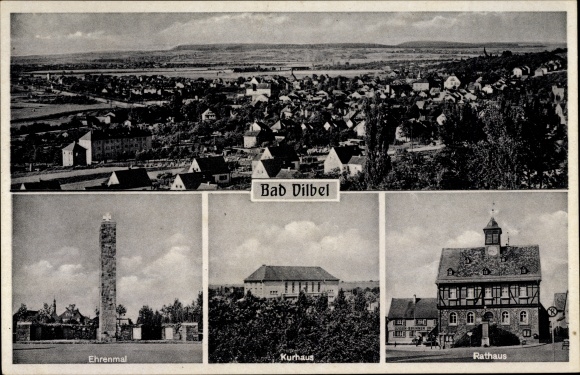 Ak Bad Vilbel in Hessen, panorama van de plaats, gedenkteken, Kurhaus, stadhuis