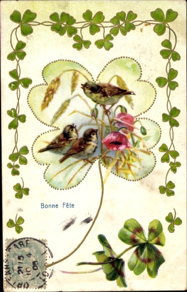 Emboss litho congratulations, shamrocks, sparrows, poppies, wheat