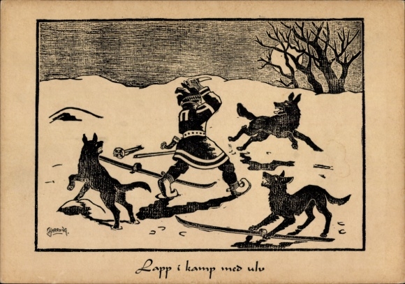 Artist Postcard Lappe fighting with wolves, Norway