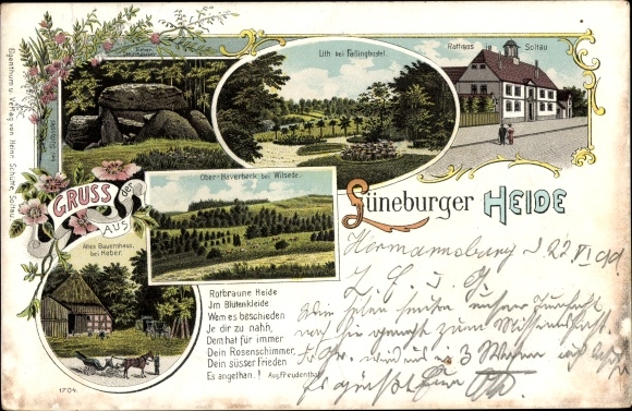 Chromo-Litho Soltau in the Lüneburg Heath, town hall, seven stone houses, lith b. Fallingbostel, poem