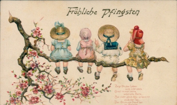Embossing Chromo-Litho Congratulations Pentecost, Children at the Tree