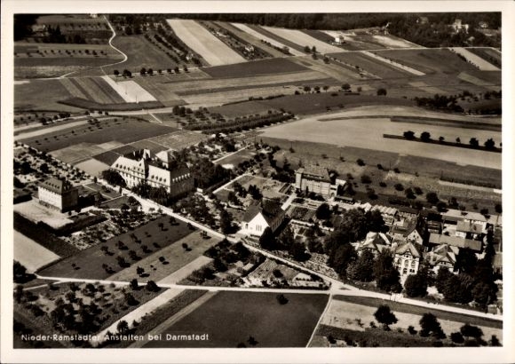 Postcard Nieder Ramstadt Mühltal in the Odenwald, Nieder-Ramstadt Institutions, aerial photograph