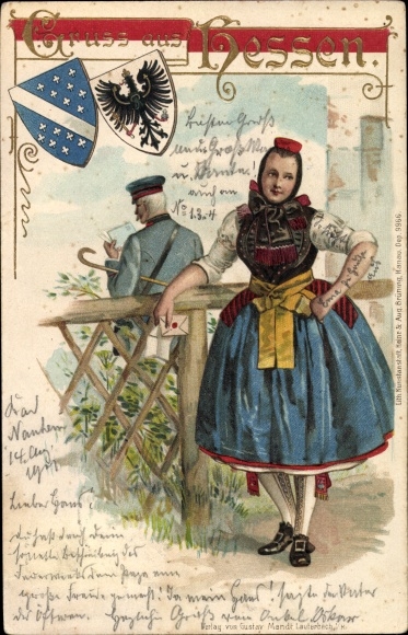 Coat of arms Chromo-Litho Young woman in Hessian costume, letter, postman