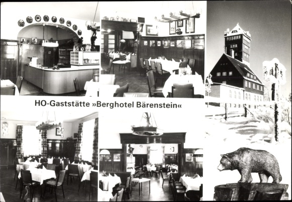 Postcard Kühberg Bärenstein in the Ore Mountains, HO-Gaststätte Berghotel Bärenstein, dining room, winter, Bär