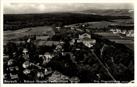 Postcard Bayreuth in Upper Franconia, aerial view of Richard Wagner Festival Hall, rural surroundings