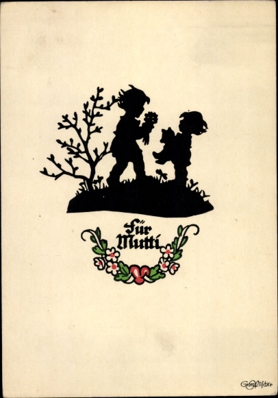 Paper cut Postcard Plischke, Georg, for mom, children with flowers and teddy