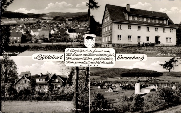 Postcard Ewersbach Dietzhölztal in Hessen, partial view, forester's house, retirement home, coat of arms, poem