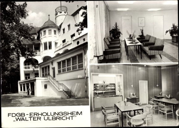 Postcard Ostseebad Koserow on Usedom, FDGB convalescent home Walter Ulbricht, exterior view, reception hall