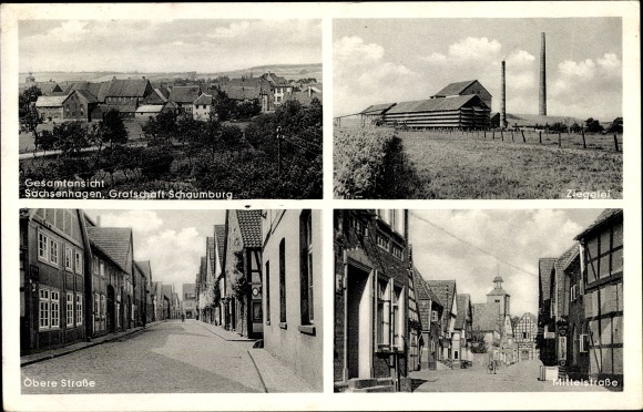Postcard Sachsenhagen Lower Saxony, Obere Straße, Ziegelei, Mittelstraße, Olex gas pump