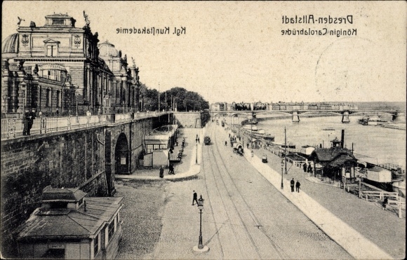 PC Dresden old town, steamship landing site, royal. Art Academy, Queen Carola Bridge