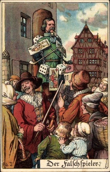 Kunstenaar Ak Jodolfi, De kaartenscherp, man aan de schandpaal, straf