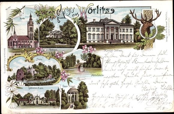 litho Oranienbaum Wörlitz in de wijk Wittenberg, kerk, kasteel, gotisch huis, Venustempel