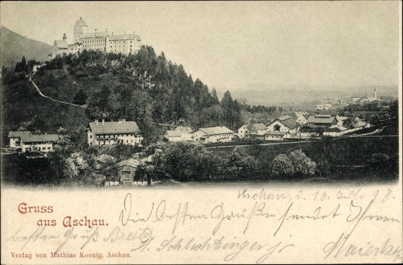Postcard Aschau im Chiemgau Upper Bavaria, view of the town, Hohenaschau Castle