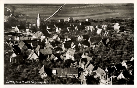 Postcard Dettingen an der Erms, aerial photograph, architecture, rural landscape, black and white