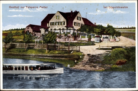 Postcard Malter Dippoldiswalde, dam Malter, inn at the dam, ship