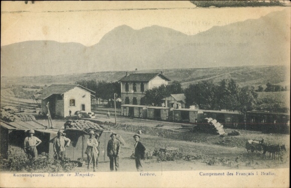 Postcard Bralos Greece, train station, track side, French soldiers