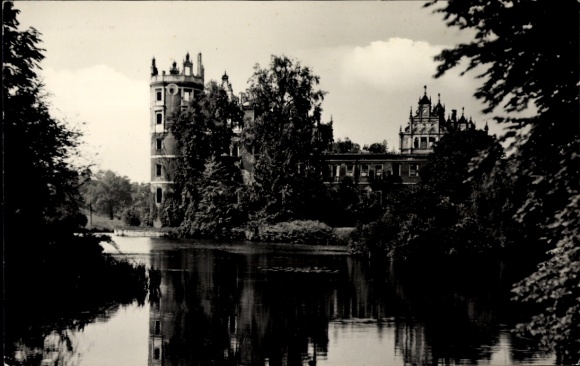Postcard Bad Muskau in Upper Lusatia, castle, water, trees, clouds, architecture