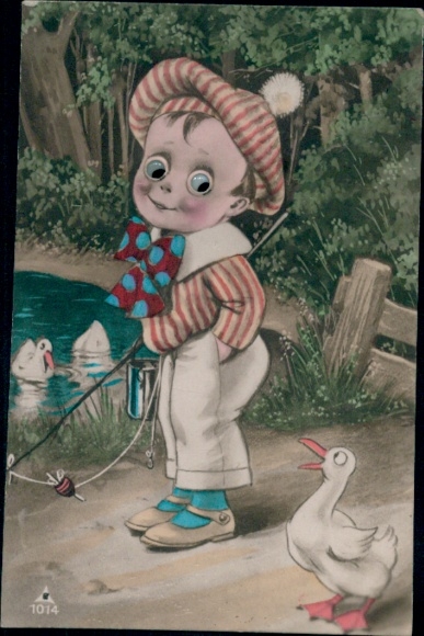 Wackelaugen Postcard Child at the Pond, Fishing Rod, Ducks