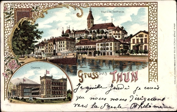 Chromo-Litho Thun Canton of Bern Switzerland, view of the place, landing stage, barracks