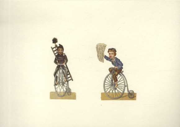 2 wafers chimney sweep and newspaper seller on high wheelers, size approx. 9 x 4.5 / 6 cm each