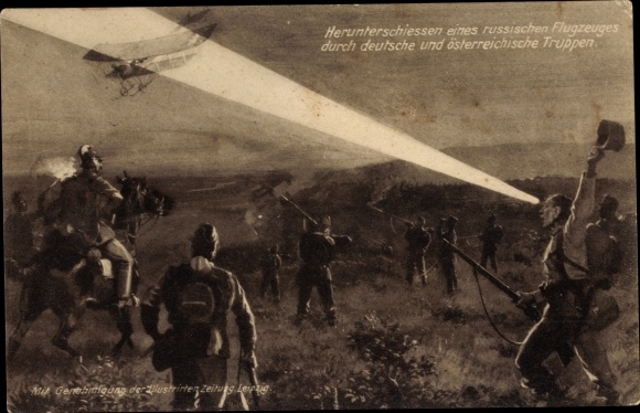 Postcard Shooting down of a Russian aircraft by German and Austrian troops, I WW