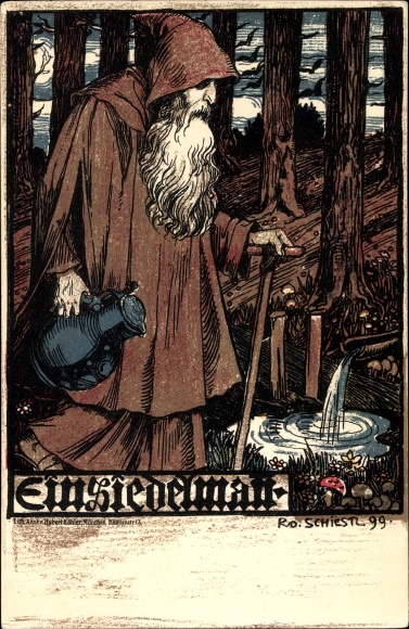 Artist Chromo-Litho Schiestl, Ru., Hermit, hermit at the source