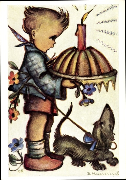 Artist PC Hummel, Berta, And many many years to come, No. 14384, child with birthday cake, dachshund