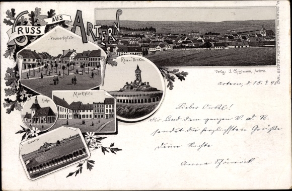 Litho Artern an der Unstrut, Kyffhäuserdenkmal, Bismarckplatz, Kirche, Totalansicht