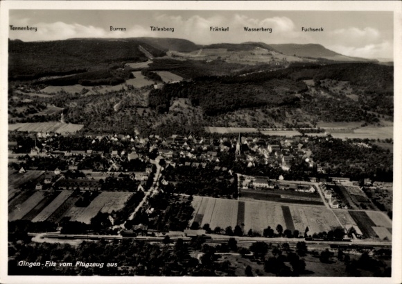 Postcard Gingen an der Fils, aerial photography, Burren, Fränkel, Wasserberg, Fuchseck, Tenneberg