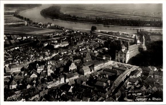 Ak Speyer am Rhein, Luftaufnahme von  Rhein,  Gebäude, Stadtansicht