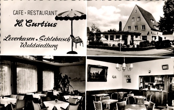 Postcard Schlebusch Leverkusen in the Rhineland, Café-Restaurant H. Curtius, interior views, local specialities
