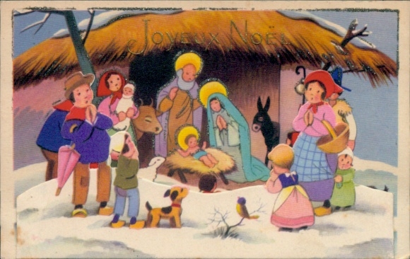 Glitter Ak Gefeliciteerd Kerstmis, Heilige Familie, kinderen, hond, ezel