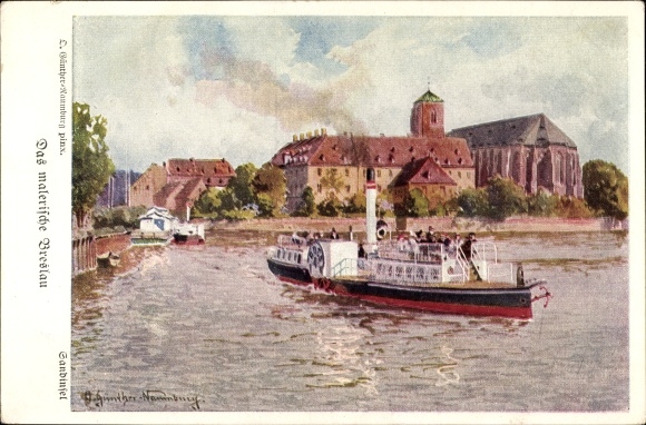 KP artysty Günther-Naumburg, D., Wrocław Breslau Śląsk, wyspa piasku, saloon parowiec