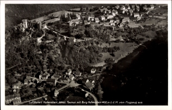 Postcard Hohenstein im Taunus, climatic health resort Burg, aerial photograph, Taunus