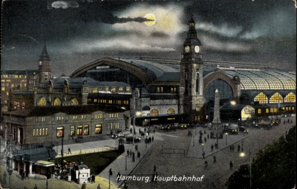 Postcard Hamburg Mitte Sankt Georg, Hauptbahnhof, Moonlight