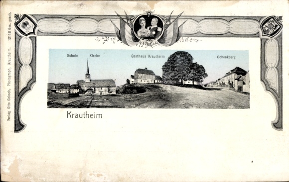 Passepartout Ak Krautheim an der Jagst Baden, Schule, Kirche, Gasthaus Krautheim, Schenkberg