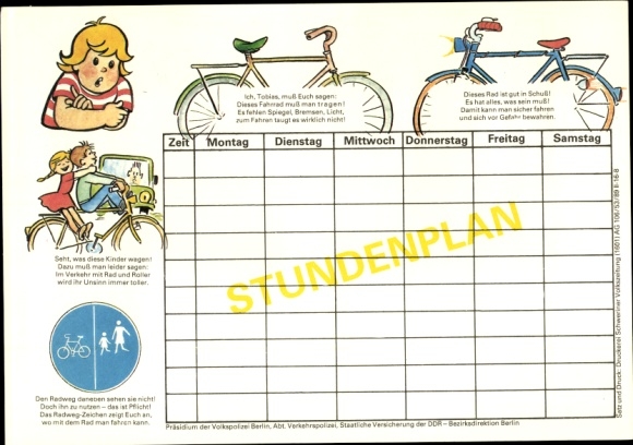 Timetable Headquarters of the People&#39;s Police Berlin, Traffic Police Department, traffic education around 1970