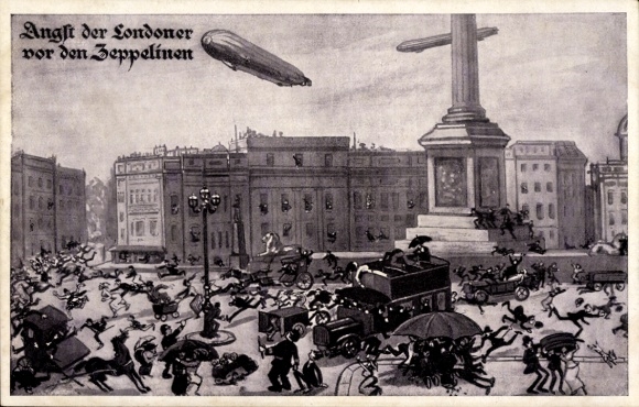 Künstler Ak London, Angst der Londoner vor den Zeppelinen, Trafalgar Square, I WK