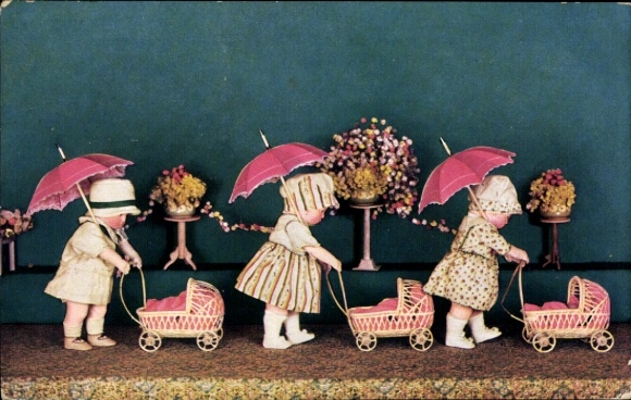 Postcard Käthe Kruse dolls with doll carriage
