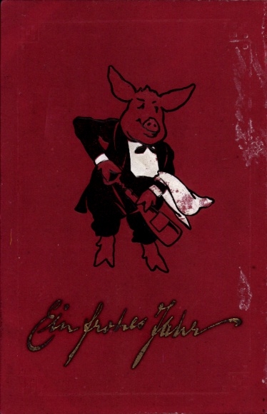 Ak Glückwunsch Neujahr, Schwein, Sektflasche