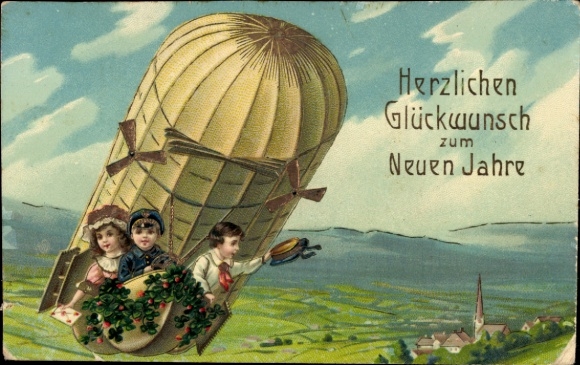 Chromo-Litho Happy New Year, airship, children, clover leaves