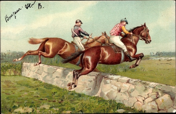 Präge Litho Zwei Springreiter im Sprung über eine Mauer