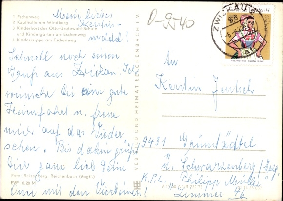 Postcard Zwickau, department store, day-care center for the Otto-Grotewohl-School, kindergarten, Eschenweg crèche