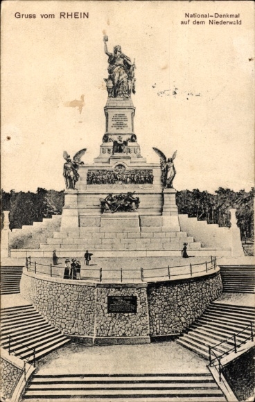 Postcard Rüdesheim am Rhein, National Monument on the Niederwald, statue, stairs, angel