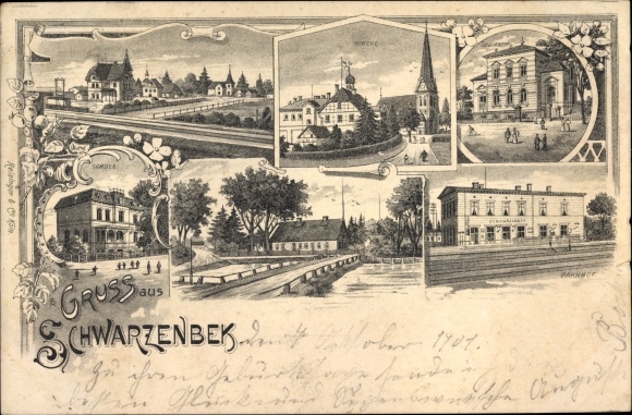 litho Schwarzenbek in Lauenburg, kerk, treinstation, school, gedeeltelijke aanzichten