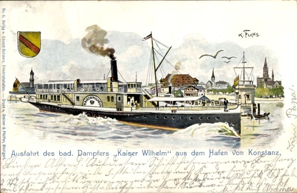 Artist Chromo-Litho Fuchs, Karl, Konstanz on Lake Constance, departure of the steamer Kaiser Wilhelm from the harbour